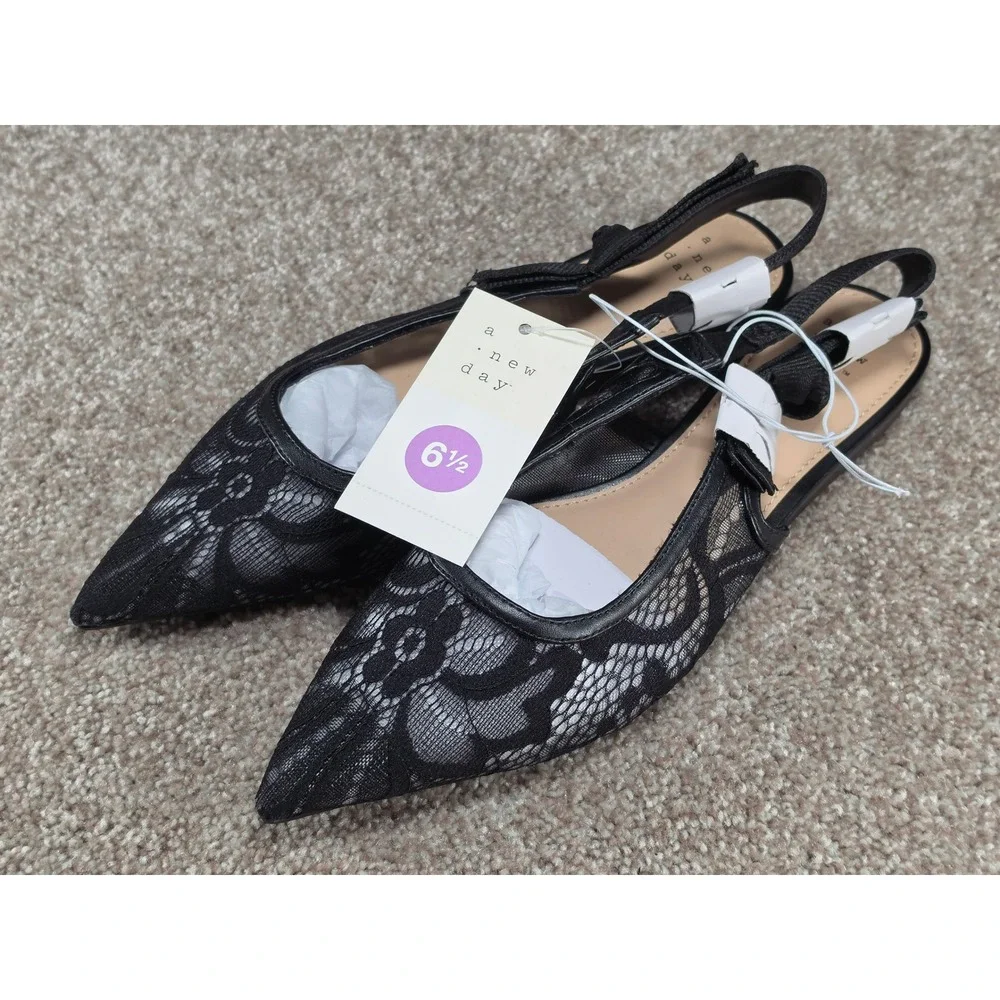 A New Day London Black Floral Lace Slingback Pointed Toe Flats Shoes 6.5
